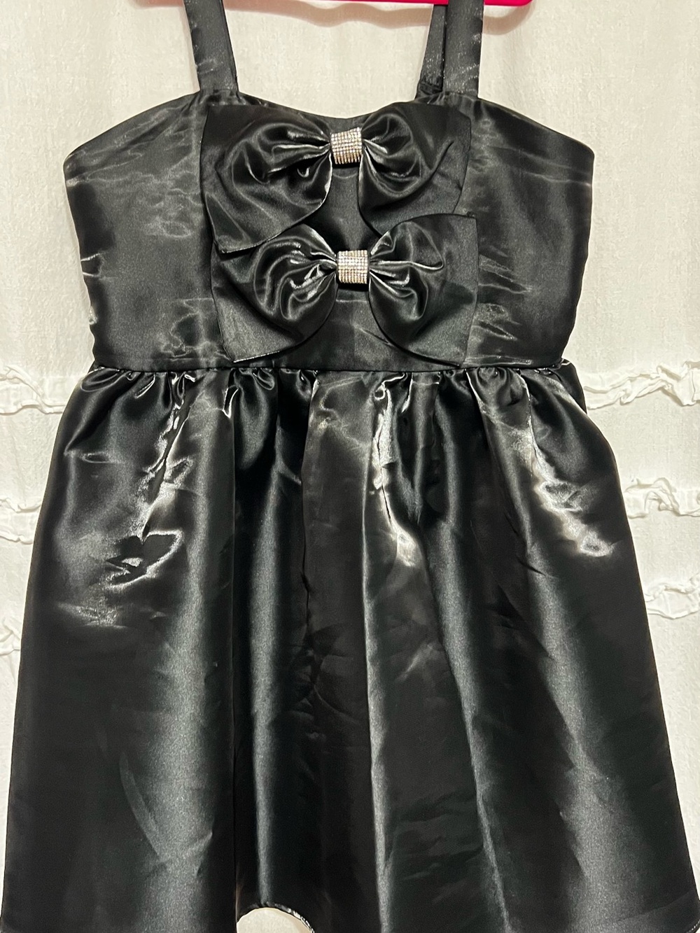 Stanley Black Satin Dress with Double Bows and Rhinestone Centers
